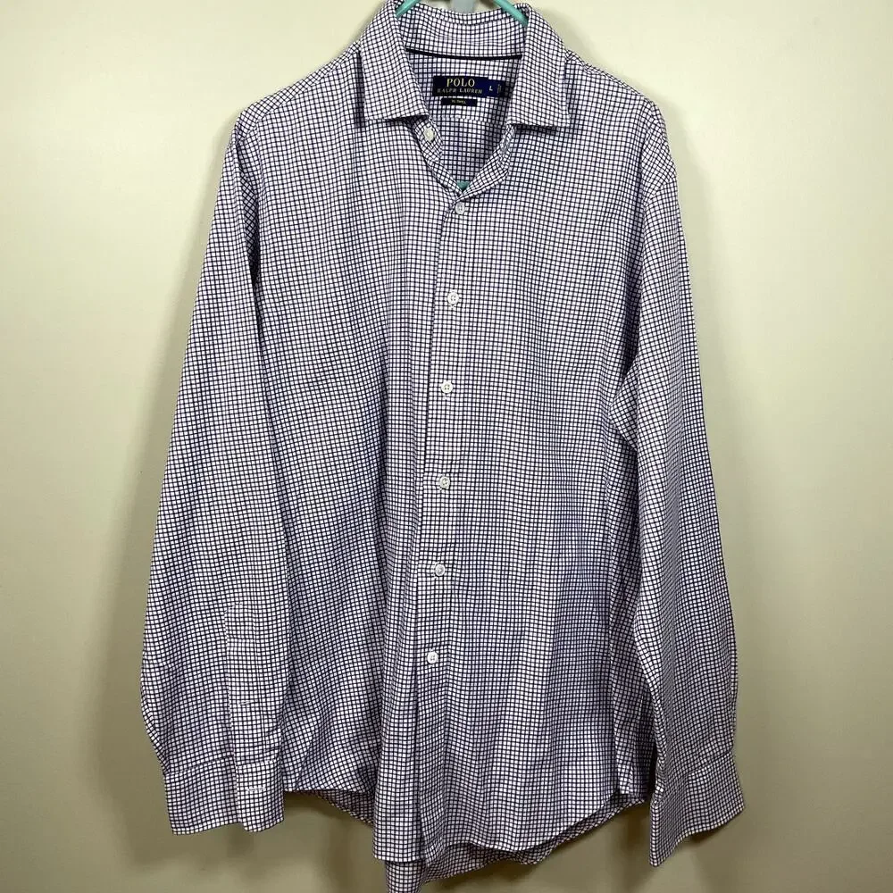 POLO RALPH LAUREN Men's RL Twill Purple Checked Plaid Button‎ Down Shirt Size L